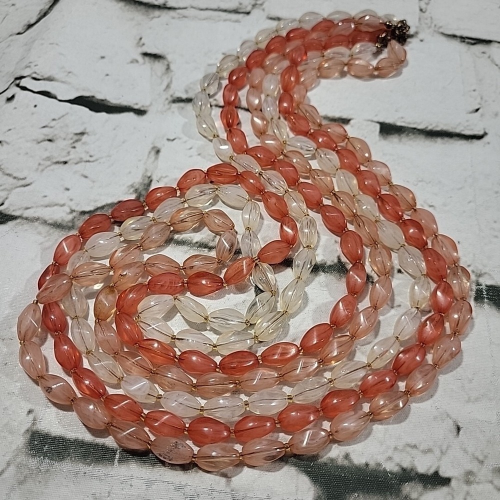 Three Strand‎ Twist Peach Orange White Clear Beaded Necklace 36" Costume Jewelry